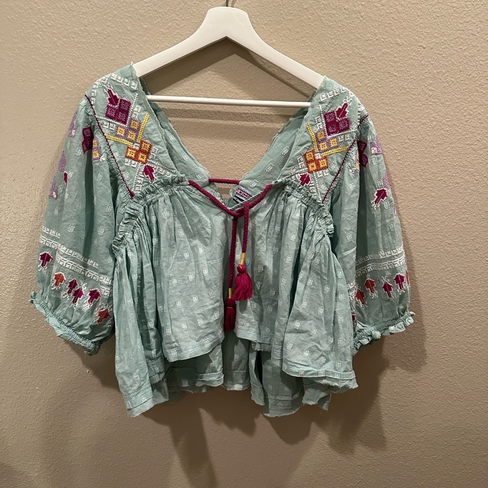 Embroidered Teal Boho Top